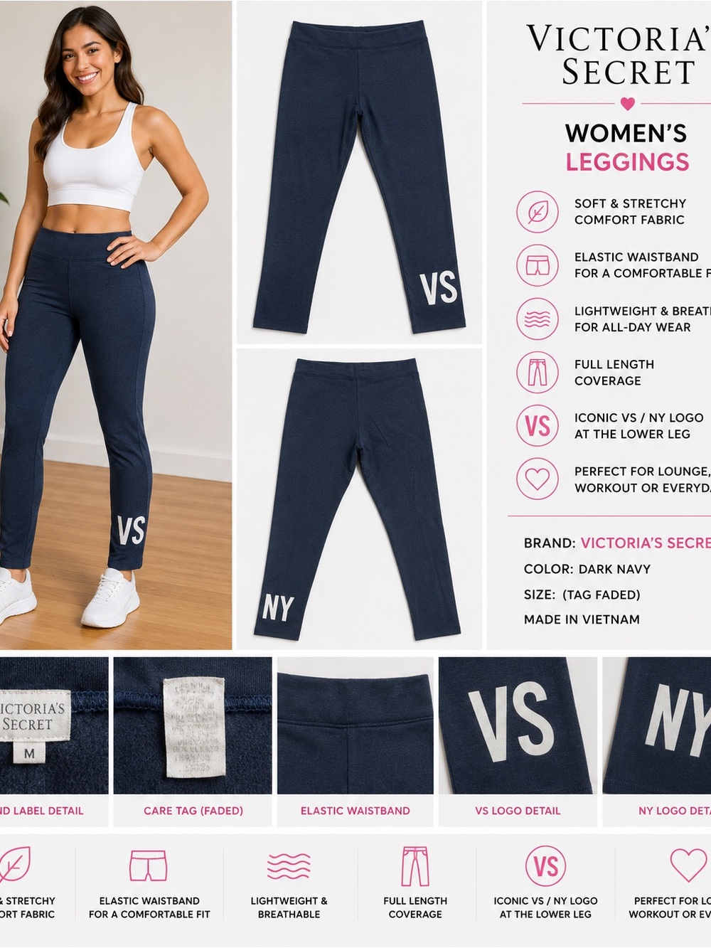 Victoria's Secret Black Leggings with VSNY Logo - Size L